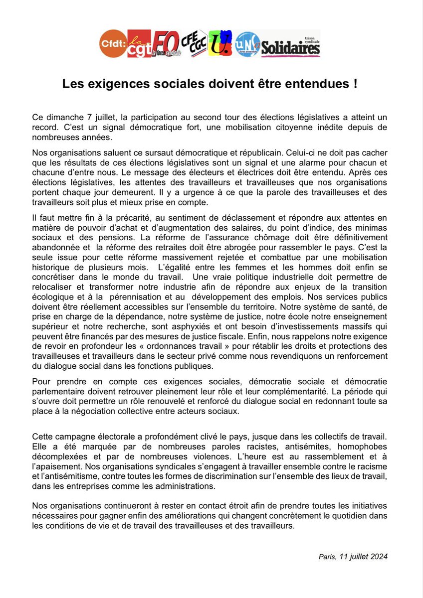 L’intersyndicale alerte. 

Il faut répondre d’urgence aux exigences sociales des salarié•es : abrogation de la réforme des retraites, augmentation des salaires et des pensions, des moyens pour nos services publics.

Le message des électeurs et électrices doit être entendu !