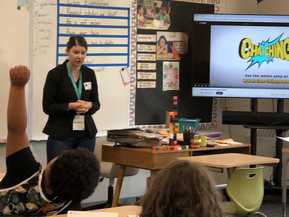 McKinleyMgmt's tweet photo. Katie Berry, President of McKinley Research Group, teaches third graders at Mountain View Elementary School the financial literacy concepts of Earn, Spend, Save and Share. Junior Achievement makes it easy to make a difference! #investinalaska #financialliteracy #juniorachievement https://t.co/19PZqOvgmP