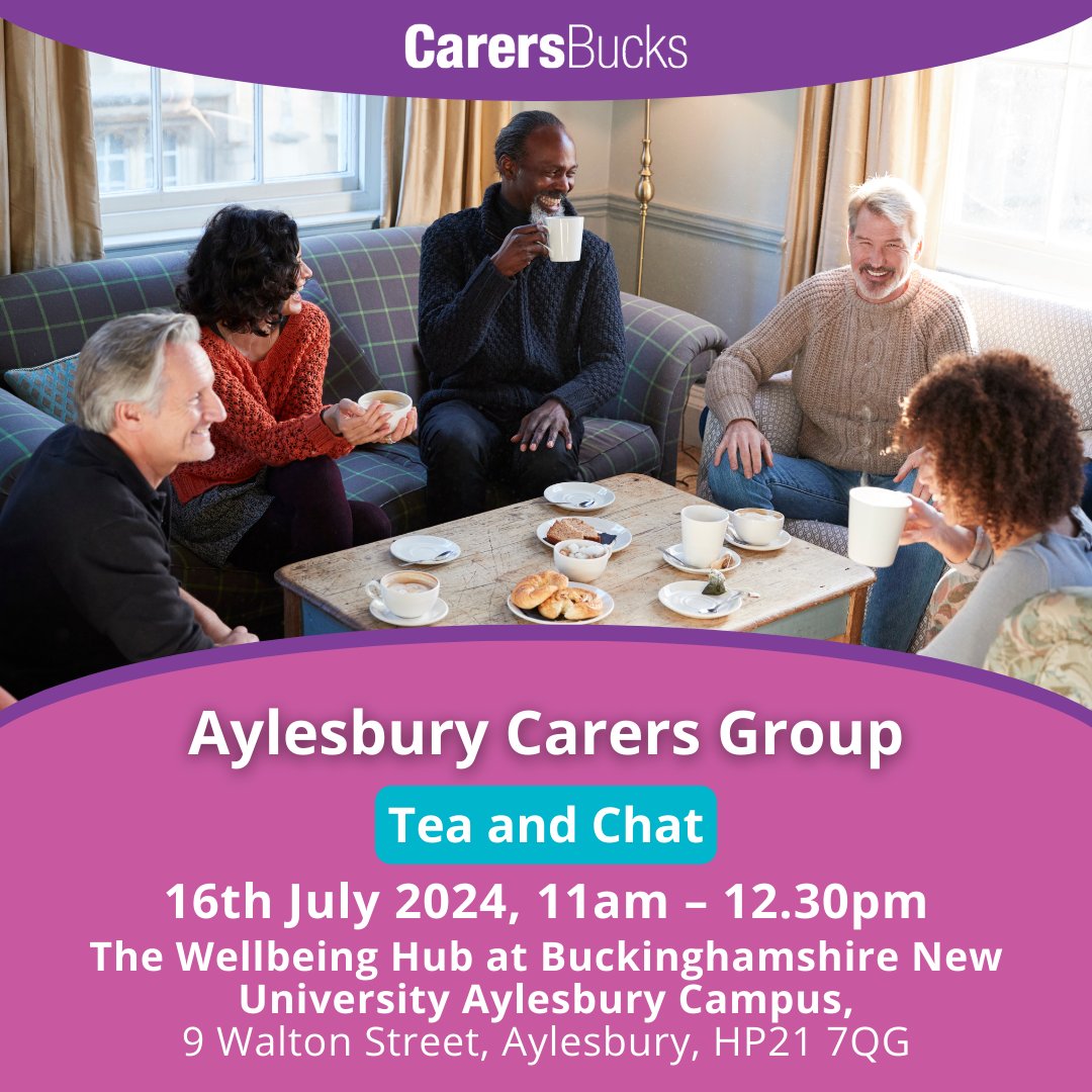 CarersBucks's tweet photo. Come along to our Aylesbury Carers Group for a relaxing session of enjoying a cuppa, meeting other carers, talking to our experienced support worker, and having a break from your caring role.
🗓 16th July, 11am–12.30pm
📍 The Wellbeing Hub at Bucks New University Aylesbury Campus https://t.co/Elsh8Q6iZK