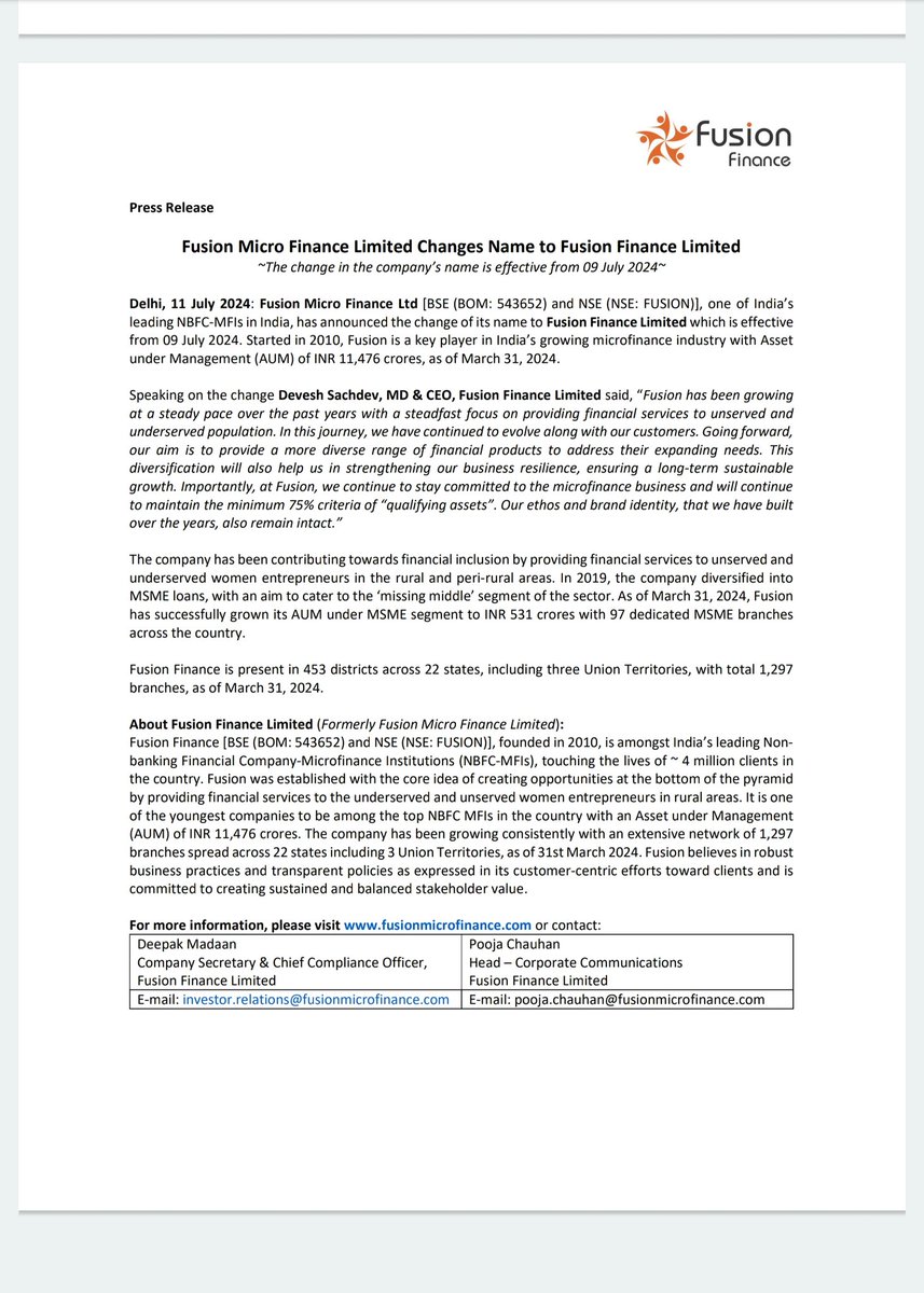 Stockxwatcher's tweet photo. Stock: Fusion Micro
Fusion Micro Finance Limited Changes Name to Fusion Finance Limited
#FusionMicro #PriceAction #stocks #stockstowatch #trading #StockMarketNews #Marketbuzz #Result #Q1results2025 #hiddengem #multibagger https://t.co/cr9jwvqEwR