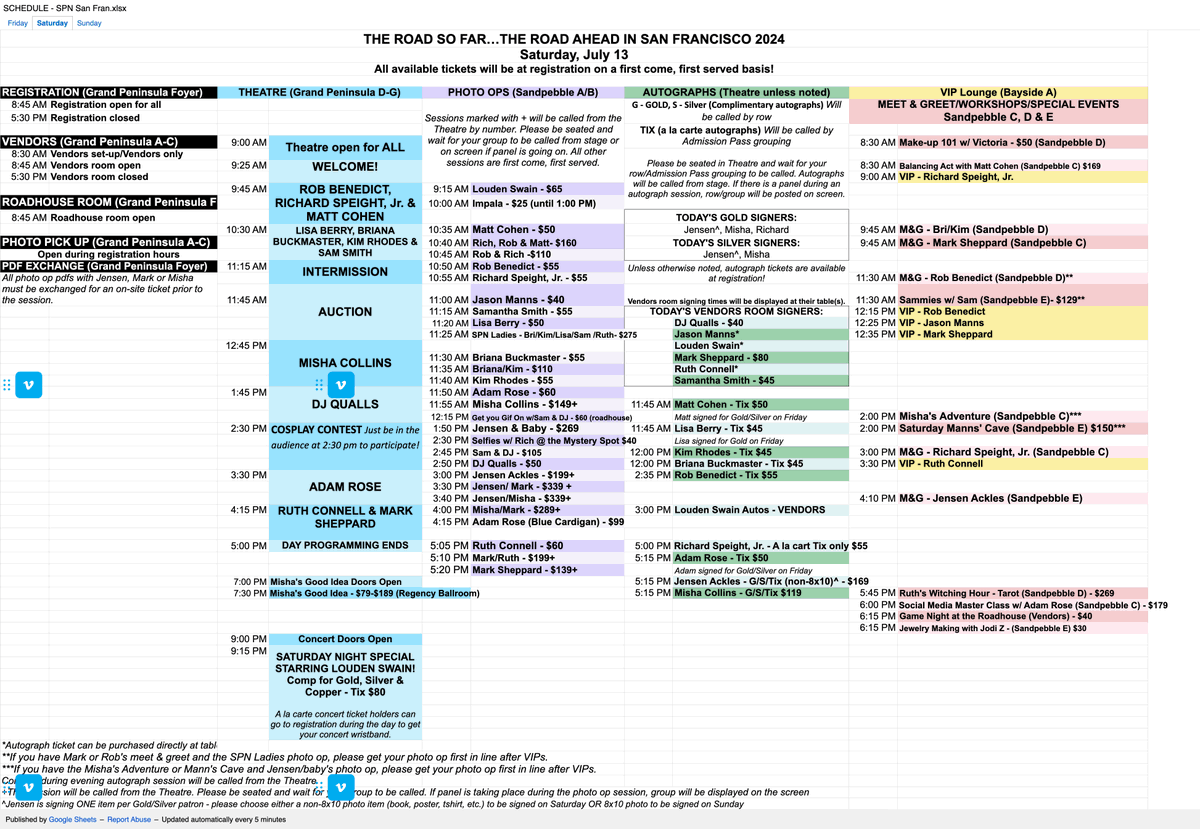 Supernatural Convention San Francisco 2024  
✨Jensen Ackles' schedule: 
Saturday, Jul 13 
PHOTO OPS 
1:50 PM Jensen&amp;Baby 
3:00 PM Jensen solo
3:30 PM Jensen/Mark 
3:40 PM Jensen/Misha 
AUTOGRAPHS  
5:15 PM  
M&amp;G  
4:10 PM M&amp;G 
#spnsf  #spnsf24 #AcklesNation #DeanWinchester