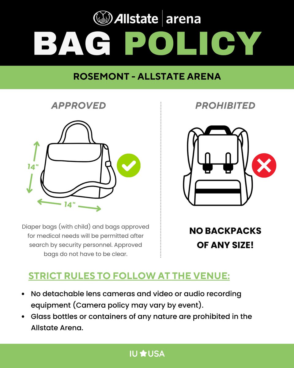 ‼️ Chicago Bag Policy 

IU performs in Chicago in less than 2 weeks! Please make sure to read the bag policy and other rules regarding prohibited items

Bags: 12”x12” ✅

🔗 rosemont.com/allstate/allst…

#IU #HEREH_WORLD_TOUR_IN_USA_CHICAGO