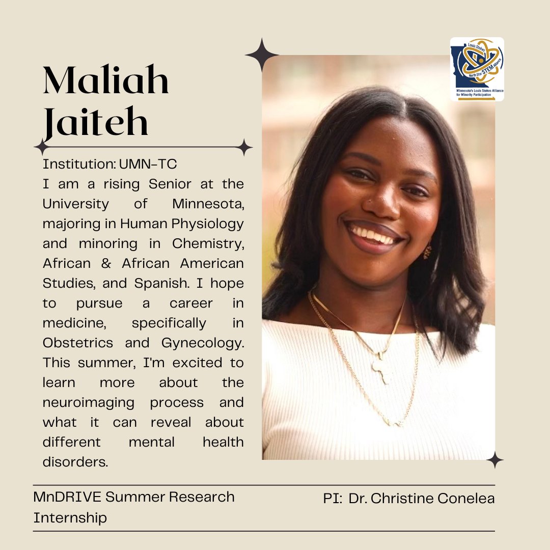 Karriemolitor's tweet photo. Congrats, to #MnDRIVE BC/@UMN_MDTA intern, Mariah Jaiteh (Mentor: Dr. Christine Conelea)! She will be assisting with several studies focused on neurodevelopmental disorders, with an emphasis on youth with Tourette Syndrome/tic disorders and obsessive-compulsive disorder. https://t.co/sZmnyR6xeP