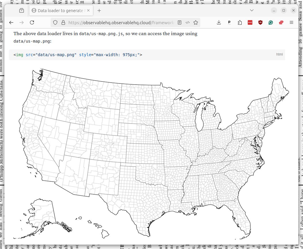 Ben Welsh (@palewire) on Twitter photo ⚡ The <a href="/observablehq/">Observable</a> docs now include an example of how we use its static-site framework at Reuters.
observablehq.observablehq.cloud/framework-exam…
The new page shows how we publish data-heavy viz made in JS as lightweight PNGs. I used to take gnarly screenshots. Now I can easily automate the job! ⚡ The <a href="/observablehq/">Observable</a> docs now include an example of how we use its static-site framework at Reuters.
observablehq.observablehq.cloud/framework-exam…
The new page shows how we publish data-heavy viz made in JS as lightweight PNGs. I used to take gnarly screenshots. Now I can easily automate the job!