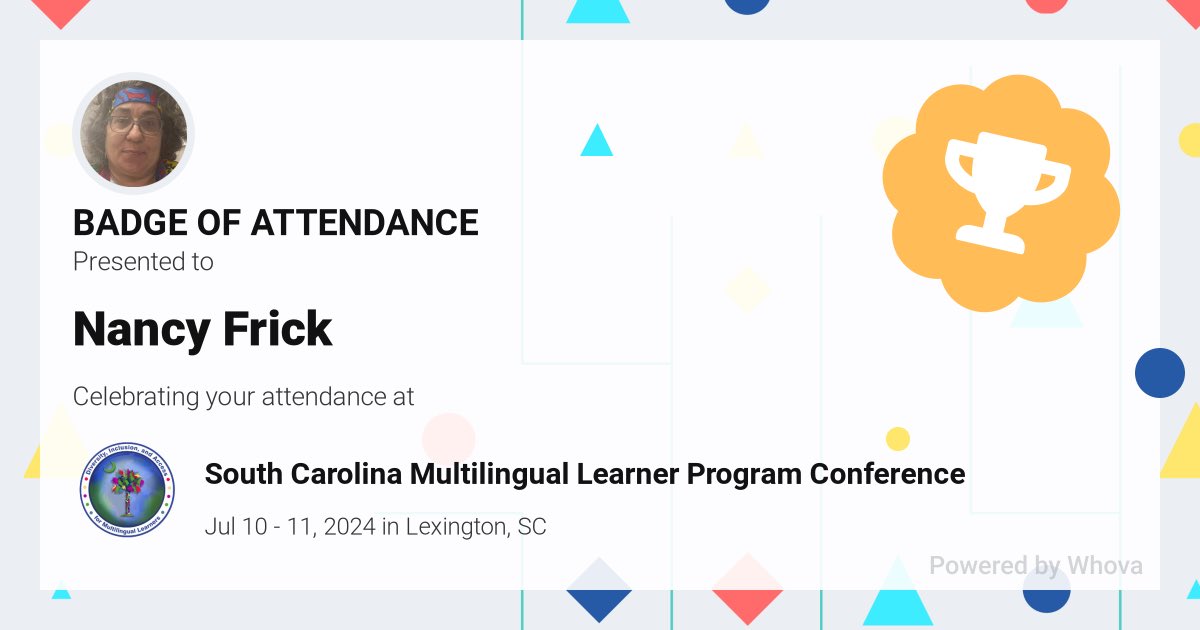 🎉 Just had an incredible experience attending South Carolina Multilingual Learner Program Conference! 🎉 #SCarolinaMLs #SCMLP <a href="/SCarolinaMLLs/">Susan Murphy</a> <a href="/EducationSC/">S.C. Department of Education</a> - via #Whova event app