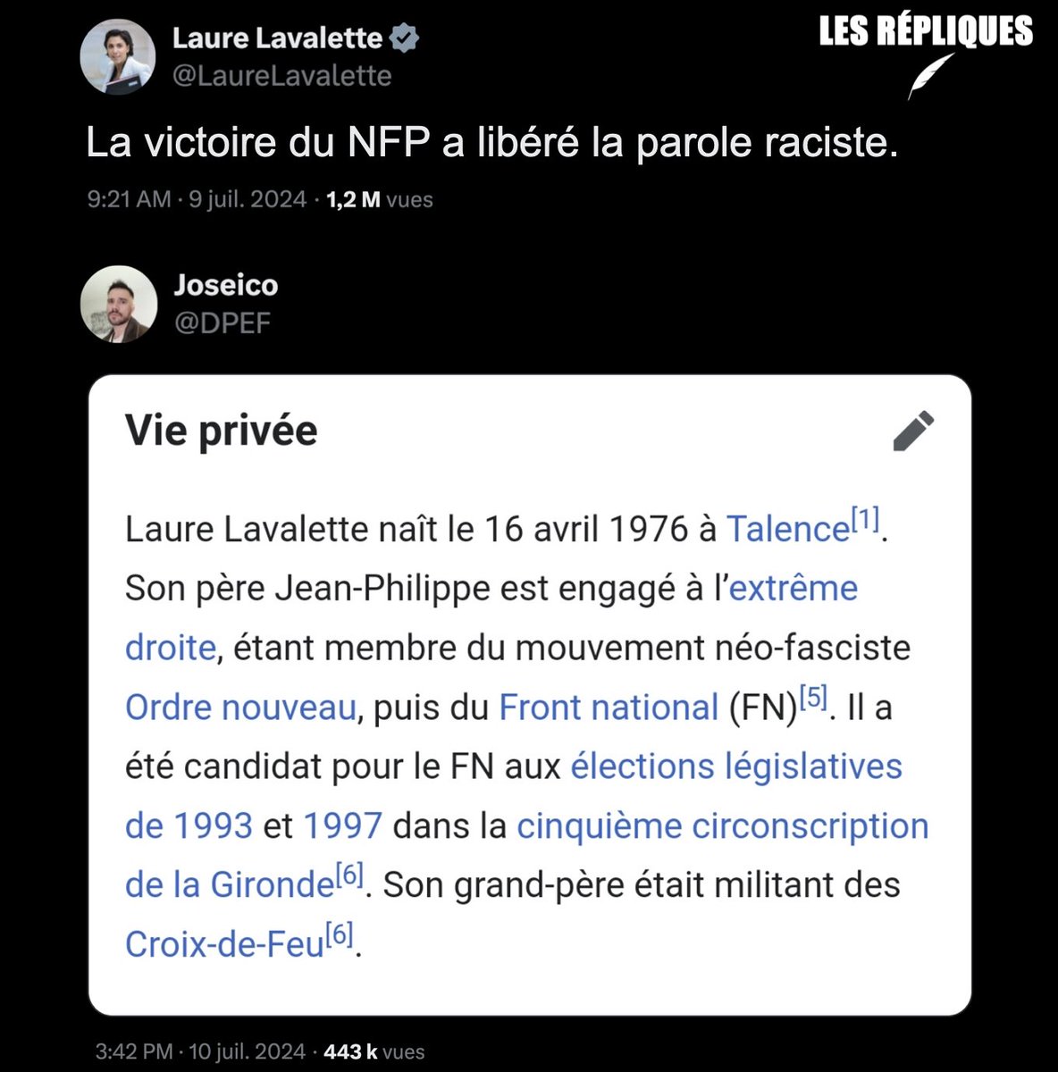 Les_Repliques's tweet photo. Selon la députée RN @LaureLavalette : « La victoire du NFP a libéré la parole raciste »

@DPEF https://t.co/H9oMWSSOOd