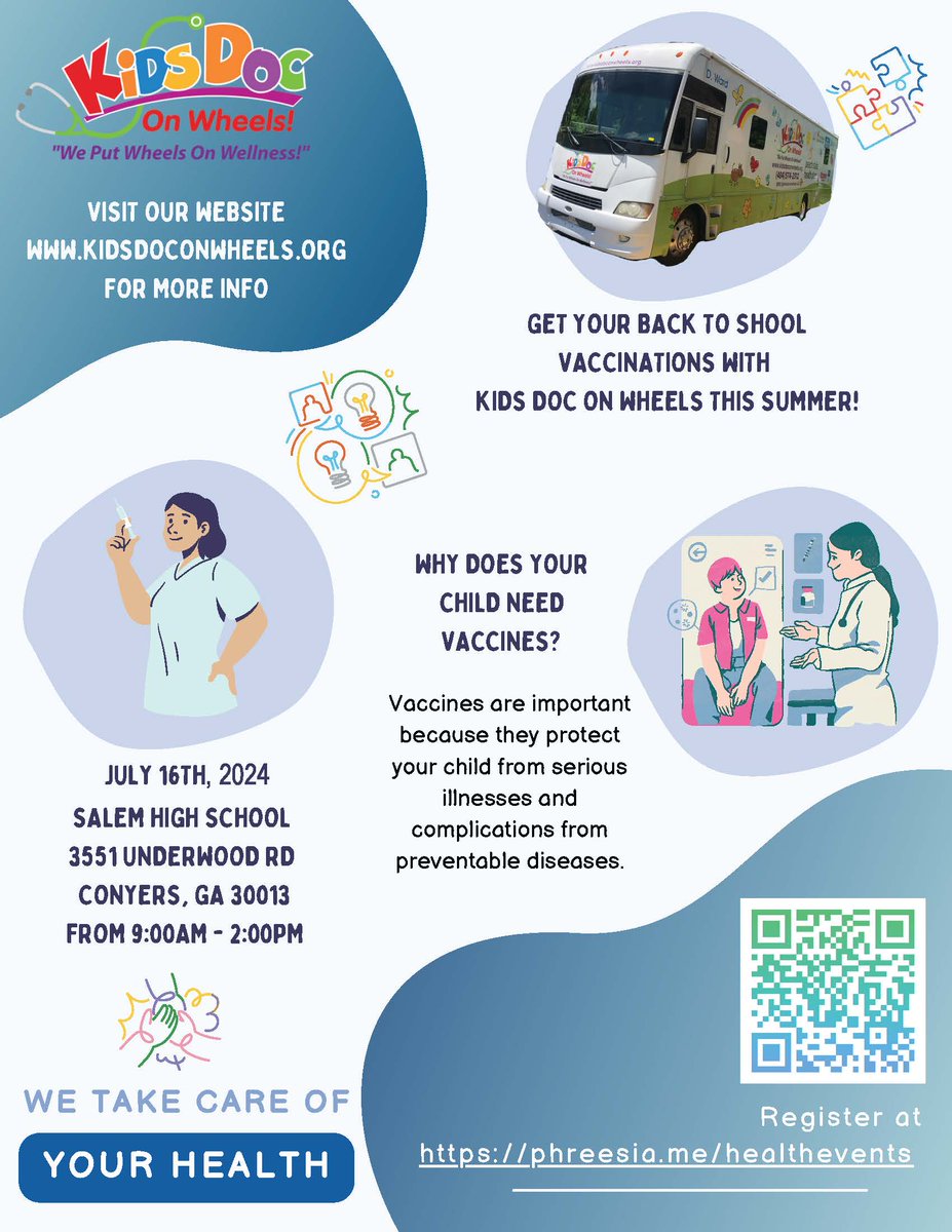 Rockdale County Public Schools (@rockdaleschools) on Twitter photo Great opportunity to get your back-to-school immunizations! On July 16, 2024, Kids’-Doc-On-Wheels will be @SalemHS_Conyers (3551 Underwood Rd, Conyers, GA) 9AM-2PM, offering vaccination appointments. Register at phreesia.me/healthevents. For more: kidsdoconwheels.org Great opportunity to get your back-to-school immunizations! On July 16, 2024, Kids’-Doc-On-Wheels will be @SalemHS_Conyers (3551 Underwood Rd, Conyers, GA) 9AM-2PM, offering vaccination appointments. Register at phreesia.me/healthevents. For more: kidsdoconwheels.org