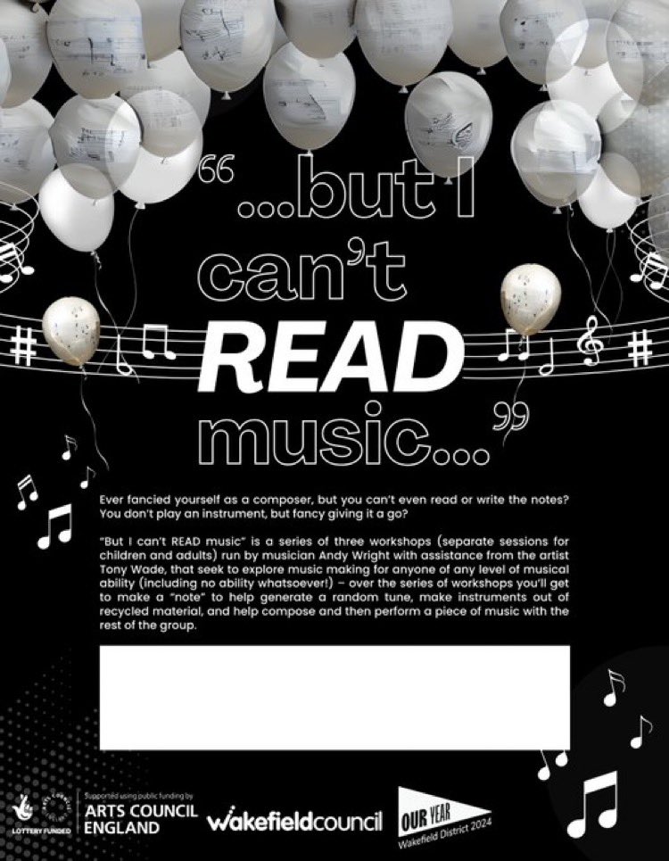 These workshops with <a href="/LibrariandyW/">Andy Wright BEM</a> are going to be great fun. So make sure to book a place &amp; get musically &amp; artistically creative &amp; inspired!  <a href="/Tony_Wades/">Tony Wade</a> <a href="/ace_thenorth/">Arts Council England, North</a> <a href="/musicmarkuk/">The UK Association for Music Education: Music Mark</a> <a href="/whiskas9/">whiskas</a> @Wakefield_TS <a href="/SparkWakefield/">Spark</a> <a href="/WFlibraries/">Wakefield Libraries</a> <a href="/WakefieldMayor/">Mayor of Wakefield</a> <a href="/YouthMusic/">Youth Music</a> <a href="/BradfordMusic1/">Bradford Music</a>