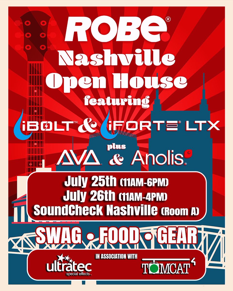 TheRobeWay's tweet photo. We’re only 2 weeks out Nashville when we’ll be bringing the new @Robelighting #iBOLT & #iFORTE LTX to @NashSoundCheck on July 25th & 26th along with all the latest in #RobeInnovation plus @AvolitesLtd & #AnolisLighting too!
We’ll see you in #MusicCity!
#therobeway #robelighting https://t.co/cYrWeB6ruG