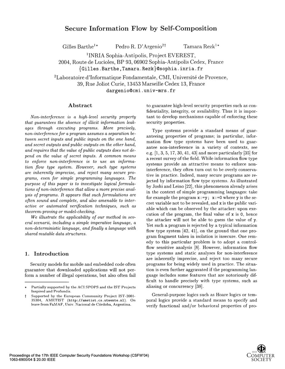Today, <a href="/CSFSymposium/">IEEE CSF</a> awarded the Test-of-time to four papers among all appeared in any of the 27 editions before 2014. One of them is this one, which I had the pleasure (and fun!) to coauthor with <a href="/TamaraRezk/">Tamara Rezk</a> and Gilles Barthe.
I am really happy 😊