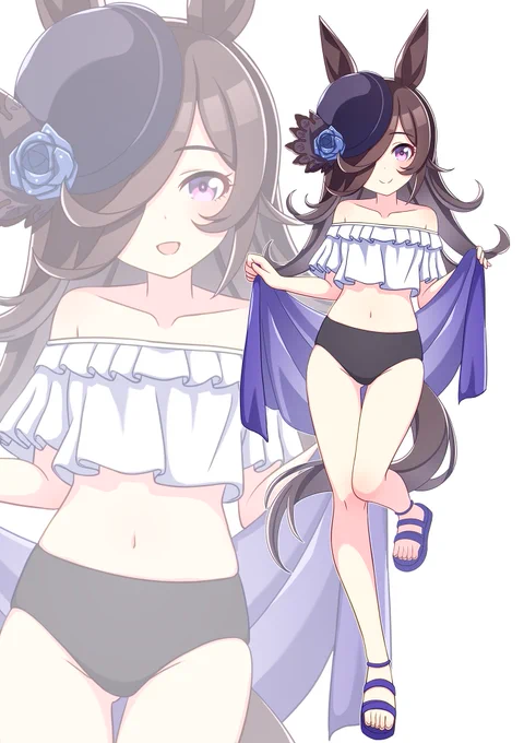 #ウマ娘#ライスシャワー フリルがあしらってある白いオフショルダービキニと下は黒の水着を着て、青みがかった紫色のパレオを手に持ったライスシャワーを描きました! 