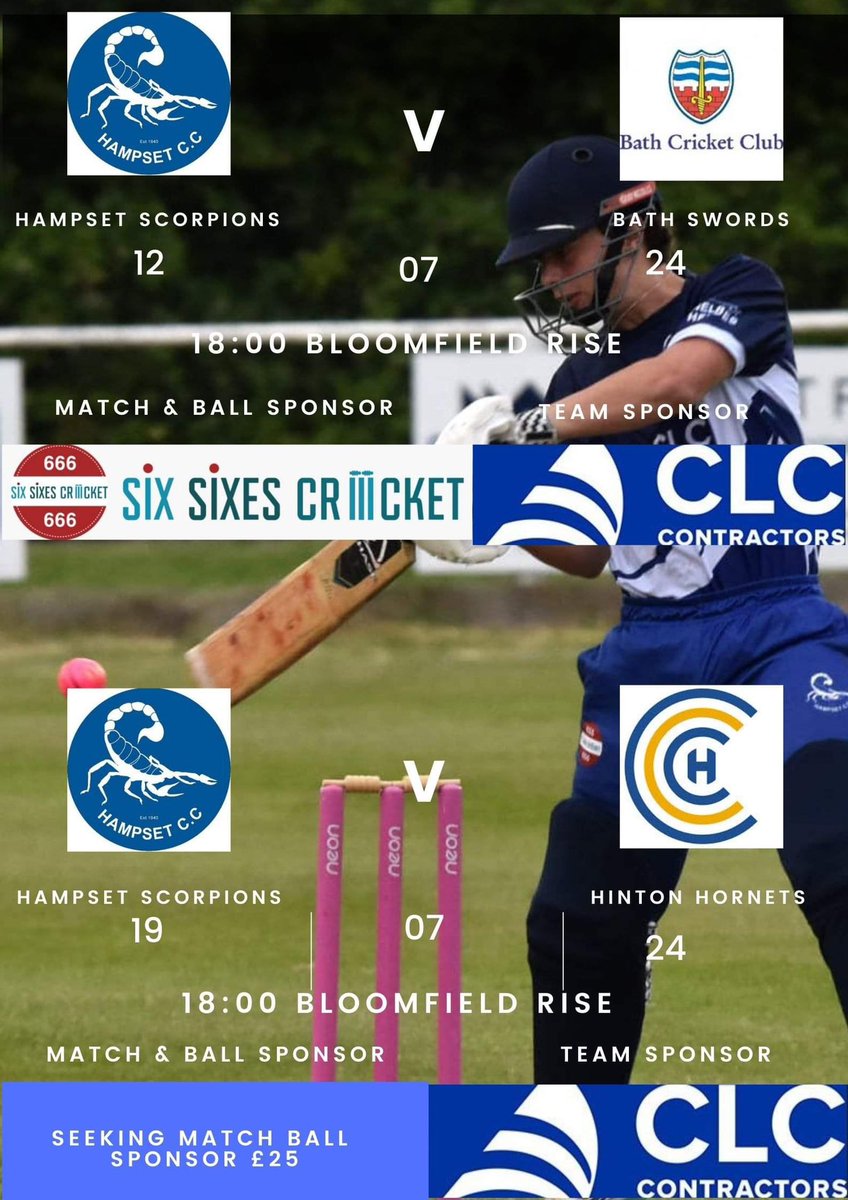 Hampset Cricket Club (@hampsetcc) on Twitter photo 🏏Hampset Cricket Club U19’s Scorpions 🦂are back in action tomorrow night at The Rise playing <a href="/bathcricket/">Bath Cricket Club</a> Swords ⚔️
Thanks to <a href="/SixSixesCricket/">SixSixesCricket</a> match and ball sponsor and to CLC Contractors our U19’s team sponsor🦂 🏏Hampset Cricket Club U19’s Scorpions 🦂are back in action tomorrow night at The Rise playing <a href="/bathcricket/">Bath Cricket Club</a> Swords ⚔️
Thanks to <a href="/SixSixesCricket/">SixSixesCricket</a> match and ball sponsor and to CLC Contractors our U19’s team sponsor🦂
