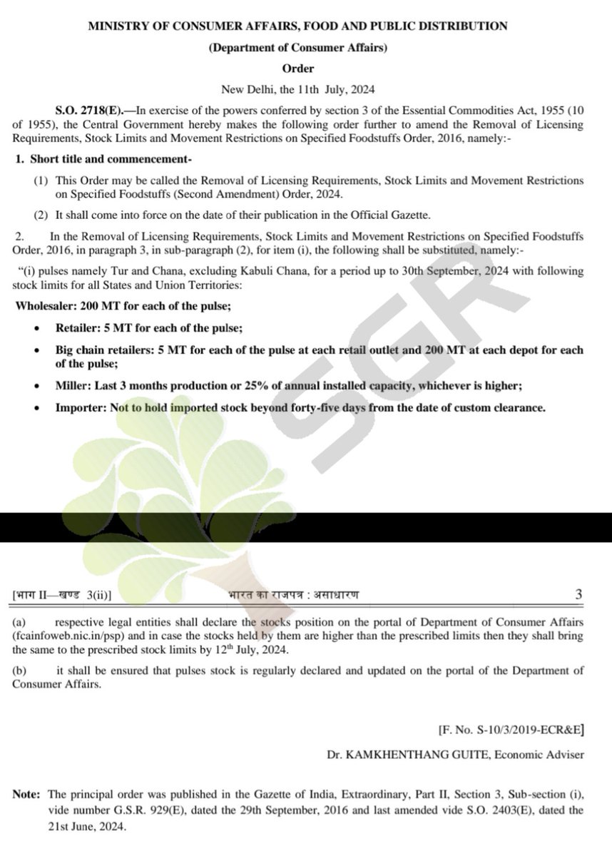 Revised stock limit on Pigeon Peas and Desi Chickpeas. Kabuli exempted. 
#lentil #chana #toor #sgragri