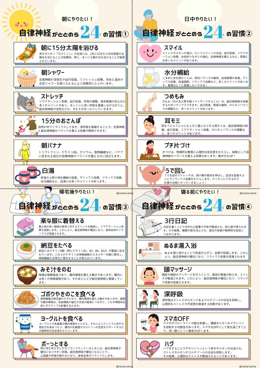 むし暑さとエアコン冷えで自律神経がガッタガタになる７月。ほうっておくとマズい限界サインは、「頻発するめまい」「異常な肩こり」「寝つきのわるさ」「手足のしびれ」「中途覚醒」「不安や動悸」「ずっと疲れてる」。しんどい人は整う習慣２４選やってみて👇