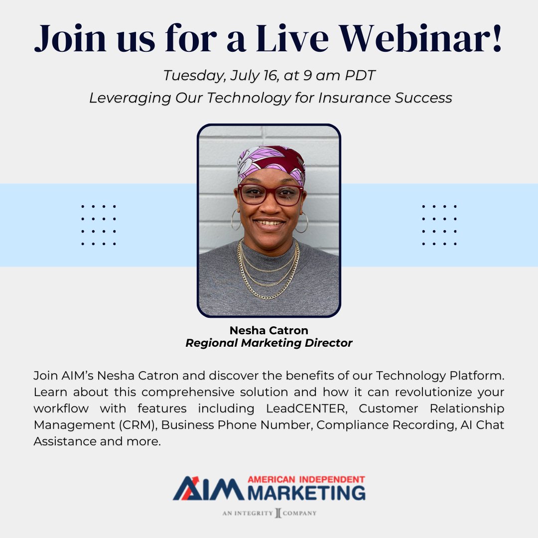 AIM_Marketing_'s tweet photo. Join us for a Webinar at 9 am PDT tomorrow, July 16! AIM's Nesha Catron will discuss the benefits of utilizing our technology platform - register today at https://t.co/EwhV6cUVTh.

#AmericanIndependentMarketing #AIM #Integrity #IntegrityPartner #IntegrityTechnology https://t.co/y9epLui7Vp