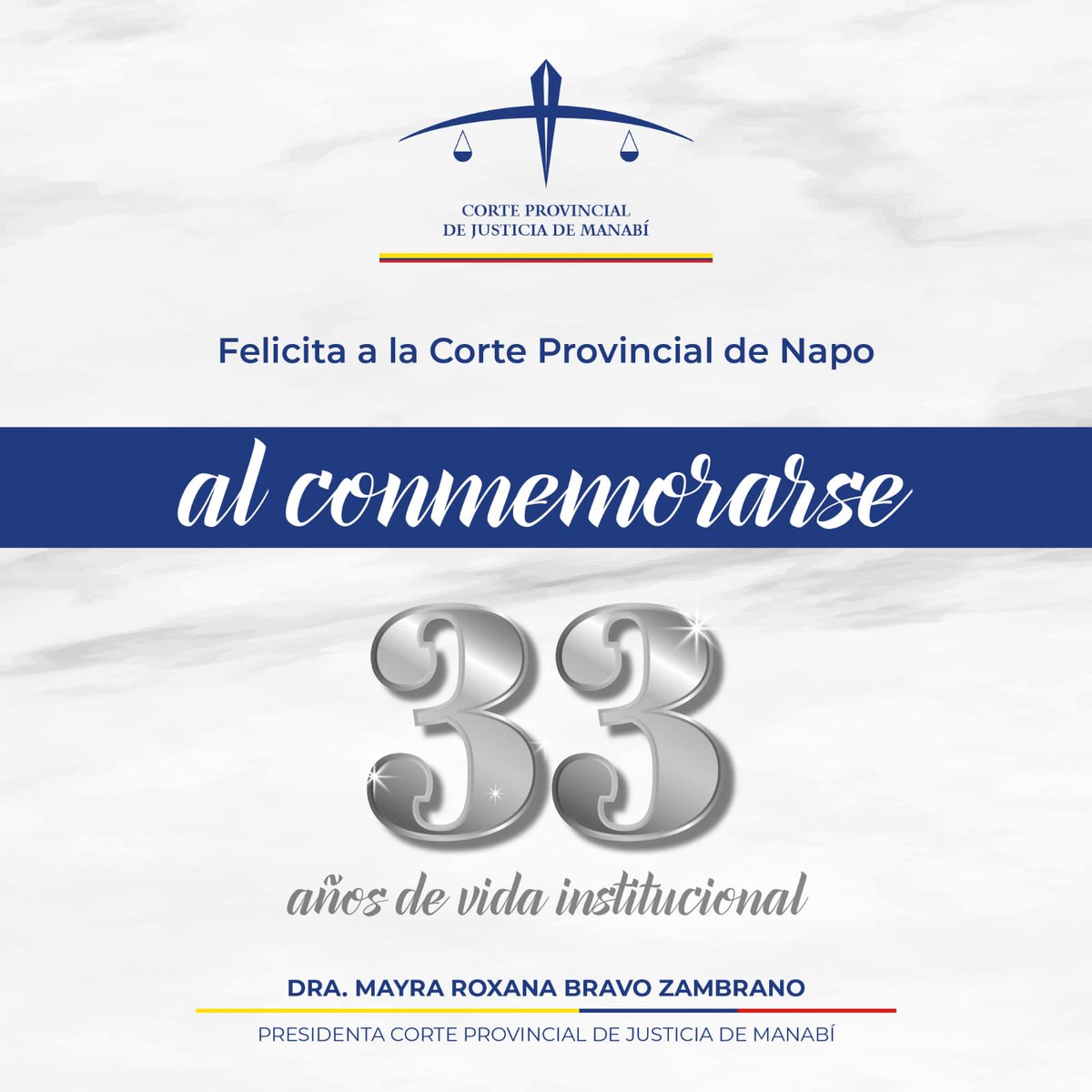 ¡Felicidades a la <a href="/CorteNapo/">Corte Provincial de Justicia de Napo</a> por sus 33 años de compromiso con la justicia y el servicio a la comunidad! Su labor es fundamental para el desarrollo y la equidad en la región.