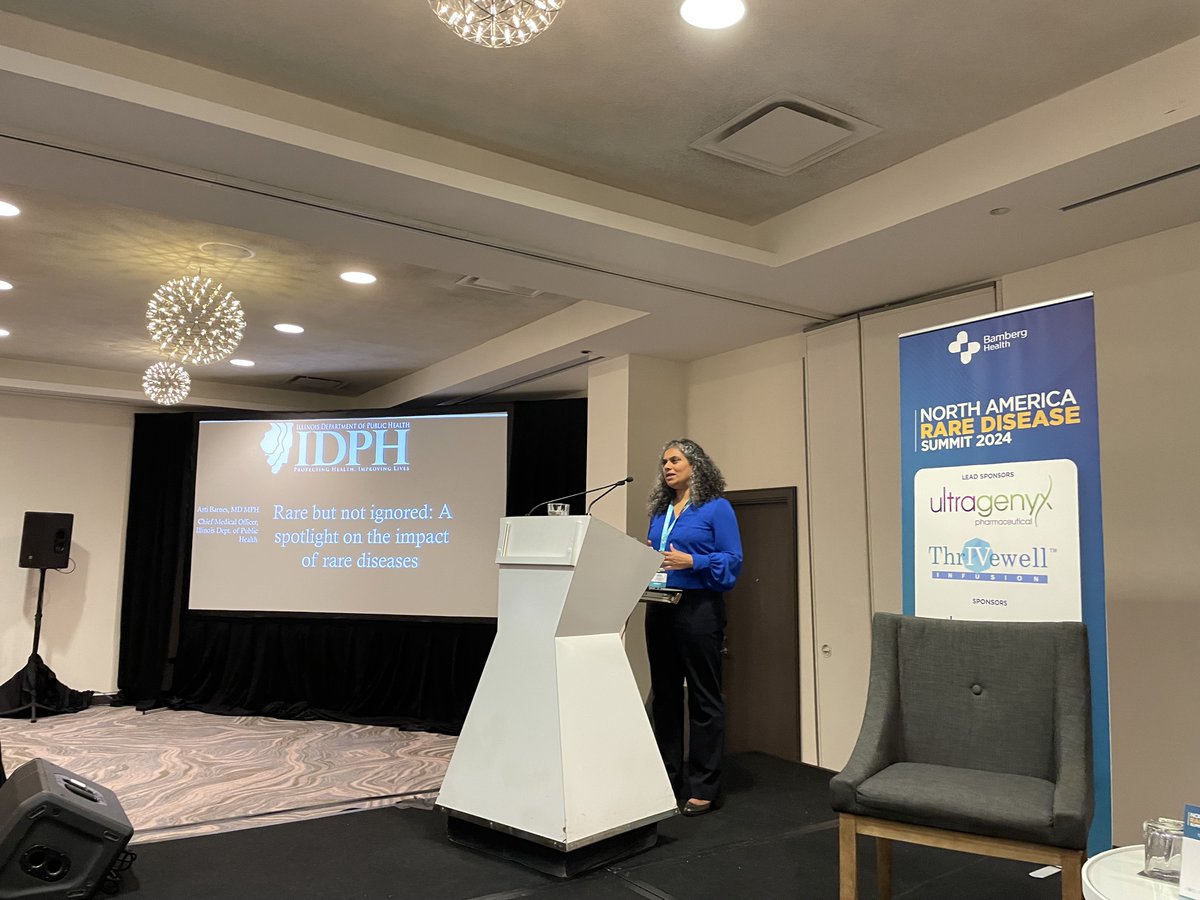 IDPH's tweet photo. IDPH Chief Medical Officer Arti Barnes opened the @BambergHealth North America Rare Disease Summit 2024 in Chicago today. 

She highlighted the importance of the Illinois Newborn Screening Program, which provides timely diagnosis and early treatment for many rare diseases. #NARDS https://t.co/2a7ZTPP2y8