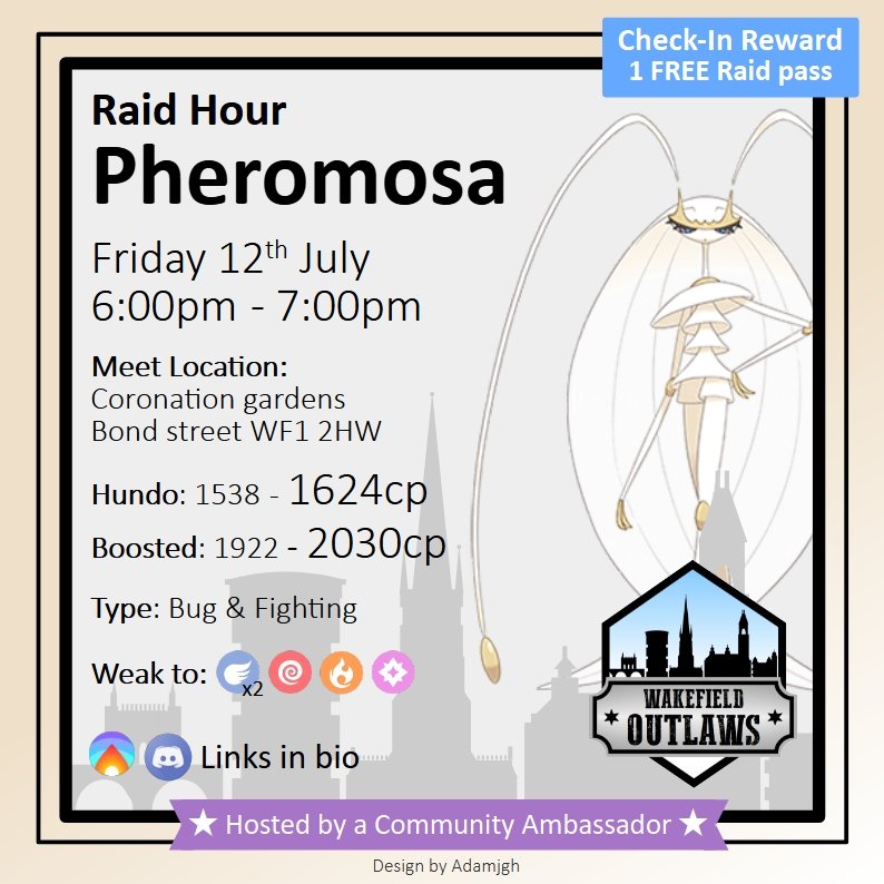 ExOutlaws's tweet photo. ✨🦗Final Raid Hour of the week the Wakefield Outlaws are taking on #Pheromosa 🦗✨

RSVP ➡️ https://t.co/eSyNq2svVf

#pokemon #pokemongo #pokemongocommunity #pokemongoappuk #niantic #wakefield #outlaws #raidhour #pokemongoraidhour #inboundfromultraspace #ultrabeasts https://t.co/aou7AOR4r5