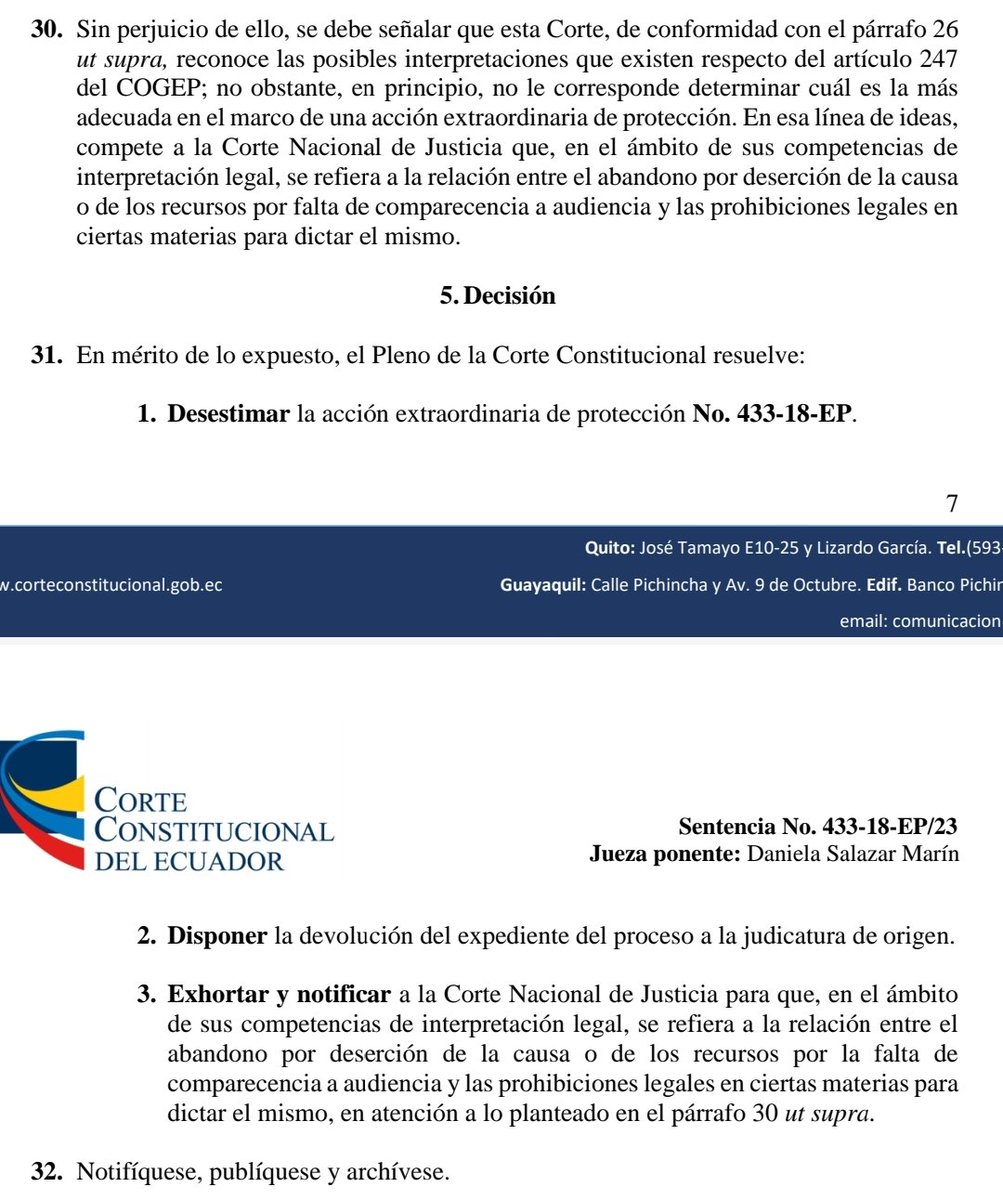 🔺️Muy bien <a href="/CorteConstEcu/">Corte Constitucional</a> señala que NO cabe el #abandono de una causa laboral cuando no concurre el actor a audiencia, conforme 247.2 de COGEP

Nuevamente exhorta a <a href="/CorteNacional/">Corte Nacional de Justicia</a> para que de interpretación legal al abandono por desidia, y por falta de asistencia a audiencia.