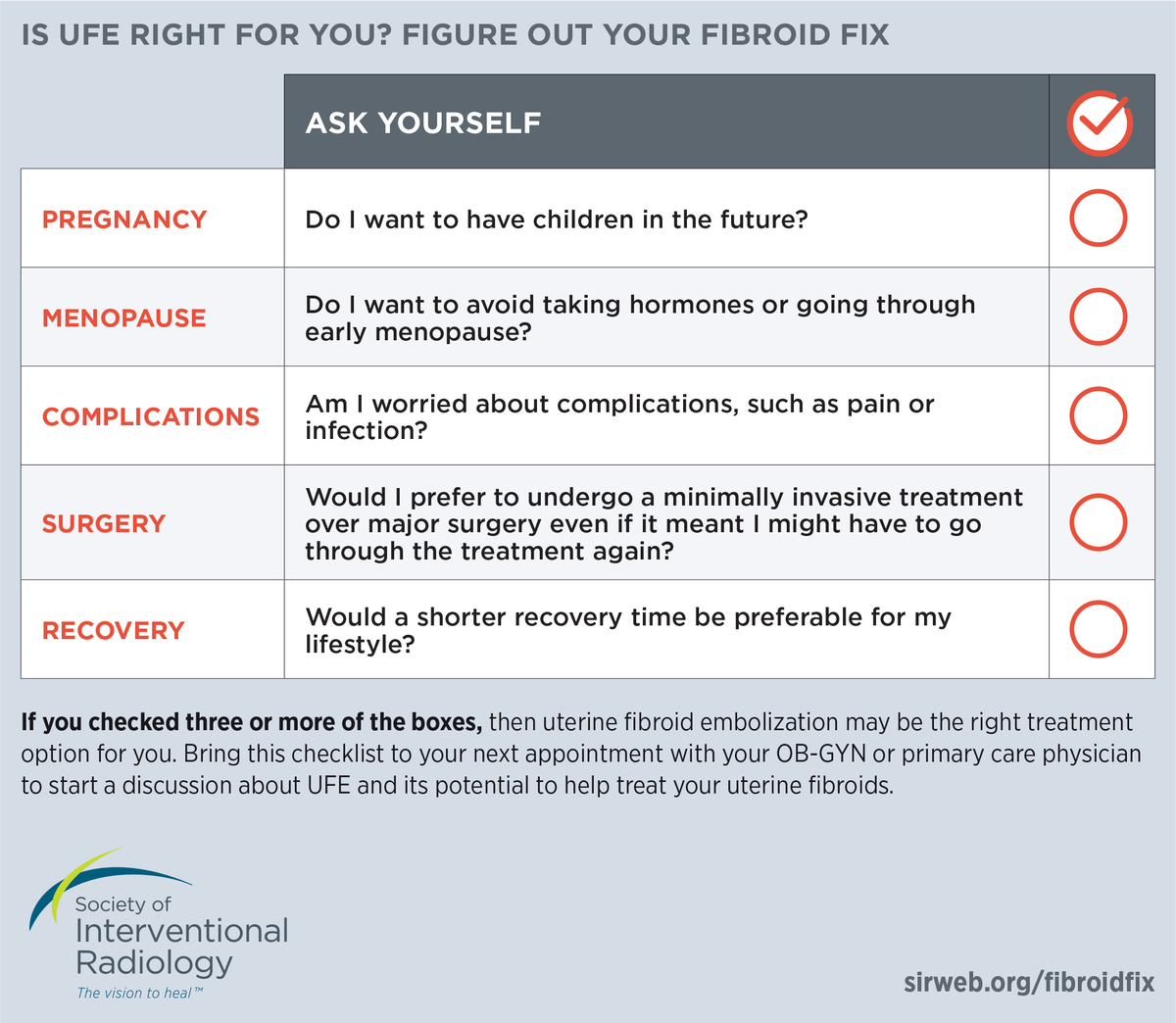 SIRspecialists's tweet photo. Women don't know their choices for treating uterine fibroids. Could UFE be right for you? Use our check list to find out. https://t.co/rwuvtw3dmW #fibroidfix #FibroidAwarenessMonth https://t.co/TMFc9FlIeC