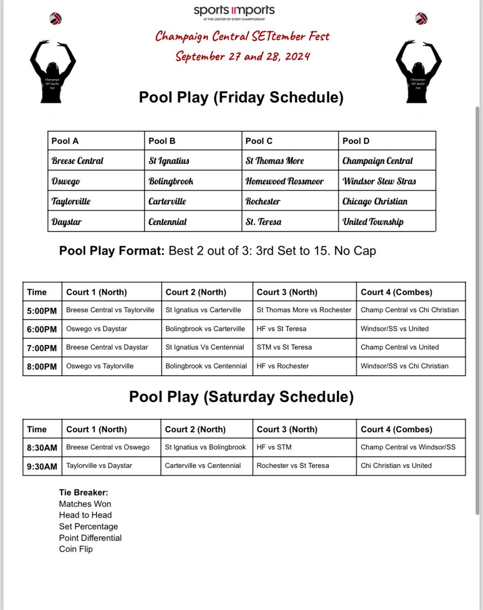 Schedule is ready to go for SETtember Fest 2024. Can’t wait to see all of the talent in our building come September.
Thank you <a href="/SportsImportsVB/">Sports Imports</a> for Sponsoring this year! <a href="/Mjpbody/">Matt Peabody</a> <a href="/K_SINKUS/">Kallie Green</a> <a href="/BHSvolleyball_/">Molly DeSerf</a> <a href="/stmvolleyball/">STM Volleyball</a> <a href="/CartervilleVB/">Carterville_VB</a> <a href="/HFgirlsVolley/">HFgirlsVolleyball</a> <a href="/Chawgo/">Jeremy</a>