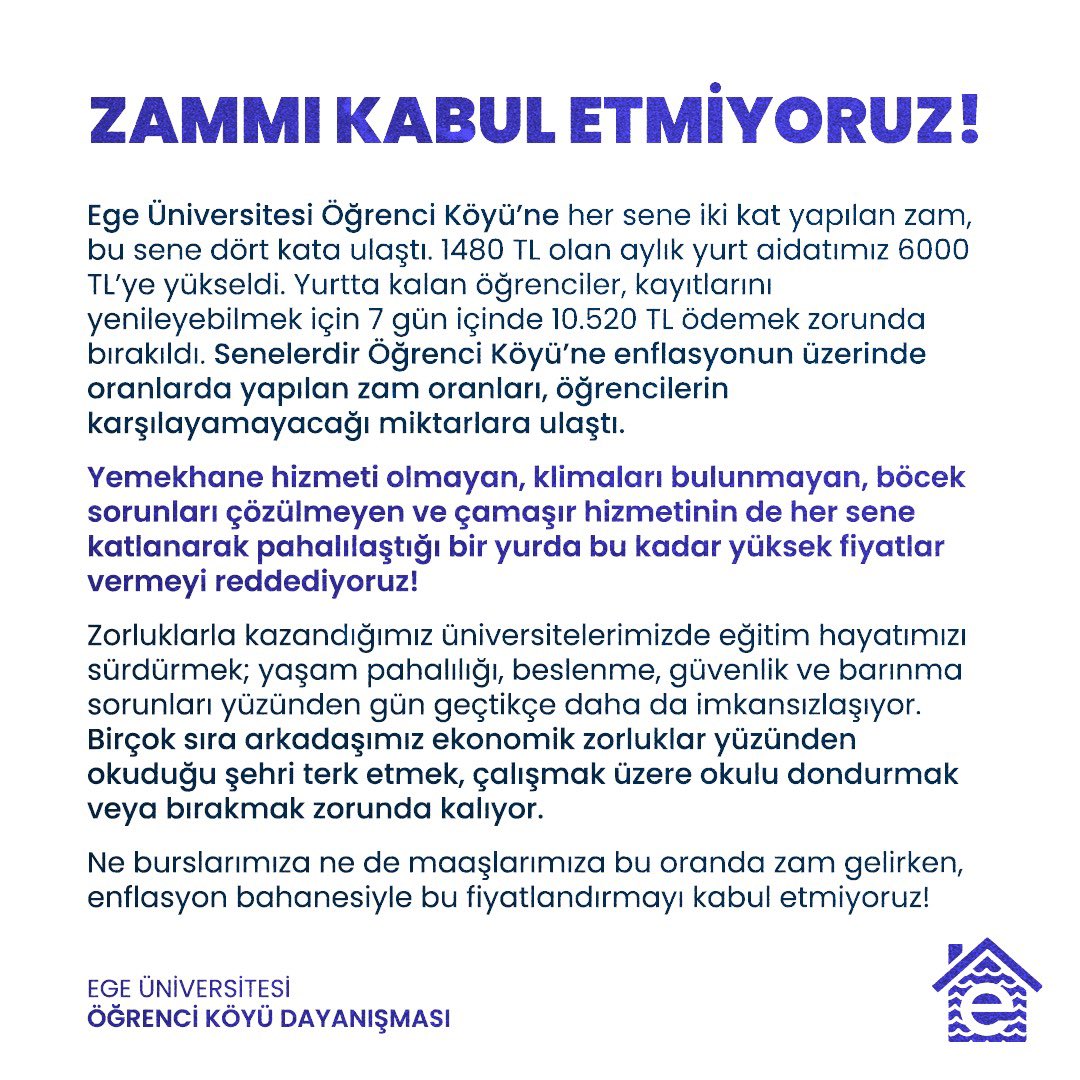 Ne burslarımıza ne de maaşlarımıza bu oranda zam gelirken, enflasyon bahanesiyle yapılan %305 oranlı zammı kabul etmiyoruz. Öğrencilerin barınma hakkı engellenemez! #ogrencikoyuzam