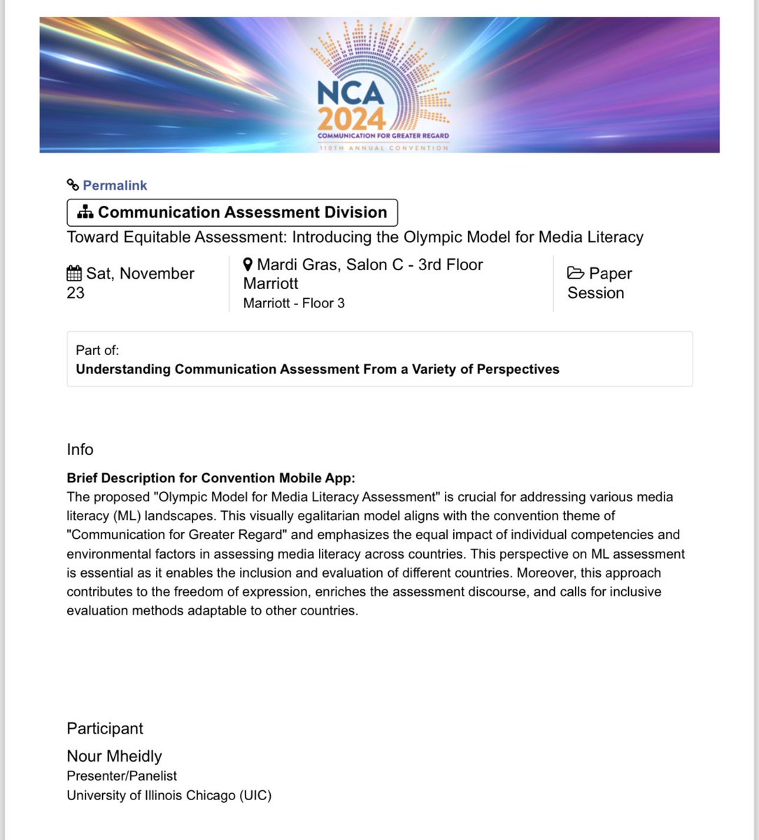 NourMheidly's tweet photo. Excited to present 'Toward Equitable Assessment: Introducing the Olympic Model for Media Literacy' at NCA in the Communication Assessment Division! Looking forward to discussing new approaches to fairness in media literacy. #NCA2024 #MediaLiteracy #EquitableAssessment #phdlife https://t.co/ImHXspGO7X