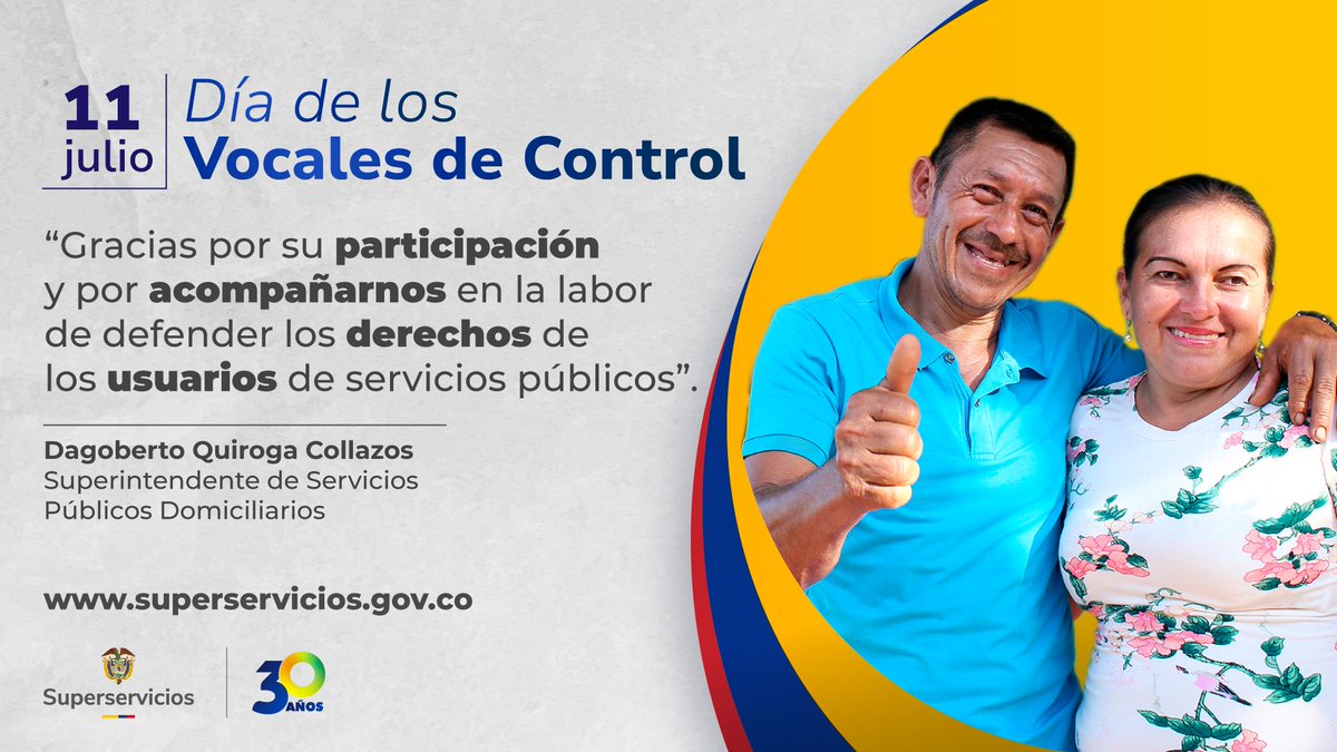 Superservicios's tweet photo. En la celebración de nuestros #30AñosATuServicio 🥳, también resaltamos a los #VocalesDeControl, ciudadanos y ciudadanas que cumplen un papel fundamental en el control social 🔎 de la prestación de los servicios públicos.
#OrgulloColombiano 🇨🇴 https://t.co/G87hzJ81ou