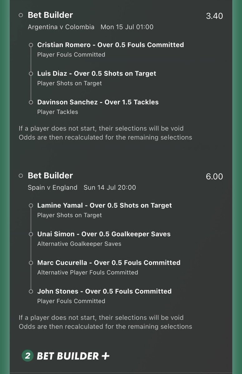 TripleBPunts's tweet photo. ⚽️COPA AMERICA &amp; EUROS ⚽️

BET BUILDER 🤞🏻

ODDS 📊19.46

IF THIS LANDS WE’LL GIVE AWAY £50 TO A FOLLOWER WHO RT’S THIS TWEET👇🏻💰 https://t.co/UOF0Qd2Hhl