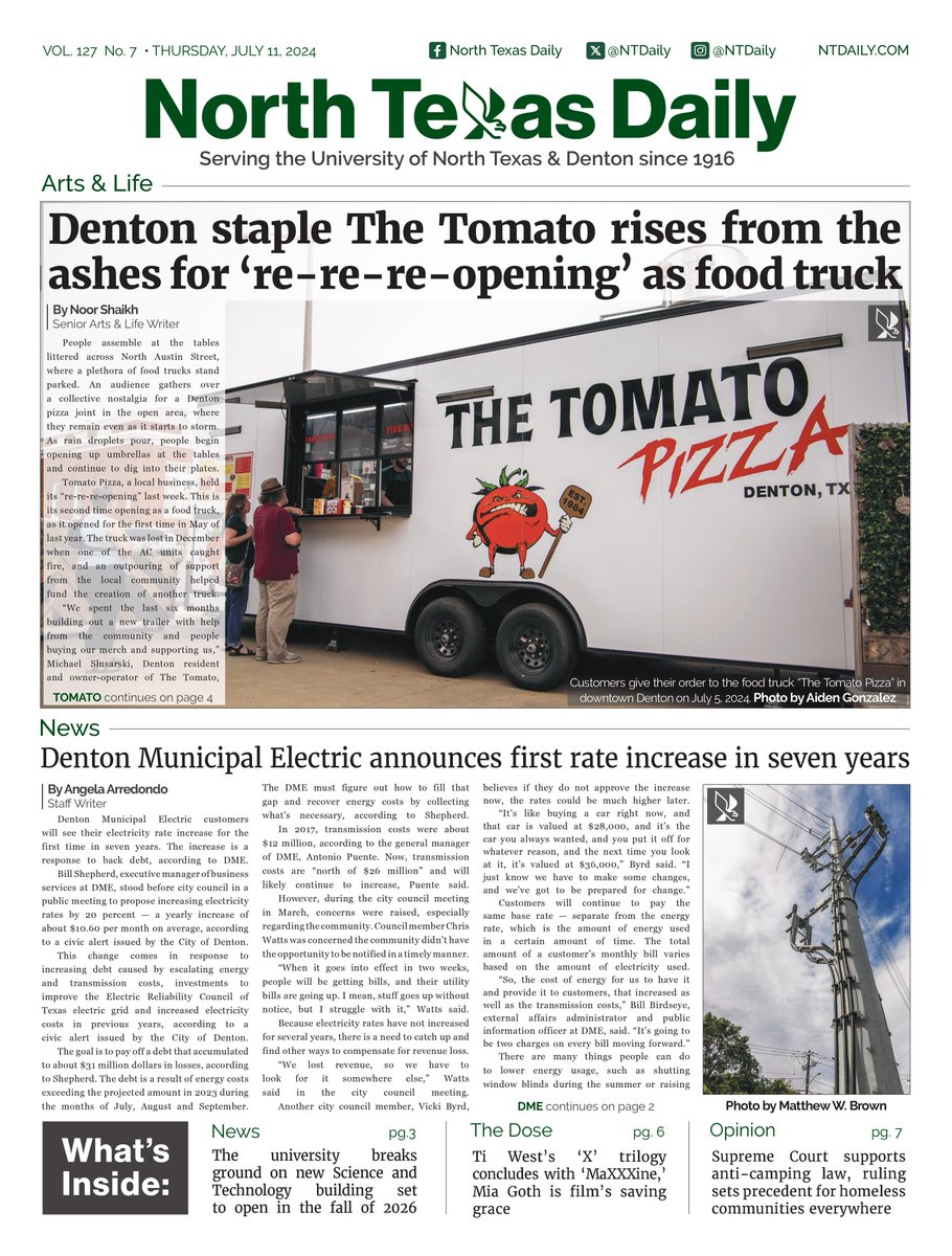 ntdaily's tweet photo. Happy Thursday! In this week's issue, check out our coverage on the re-re-re-opening of a local food truck, an increase in the Denton Municipal Electric rates and more!

Read more at the link in our bio! https://t.co/pzhwBu3QwS