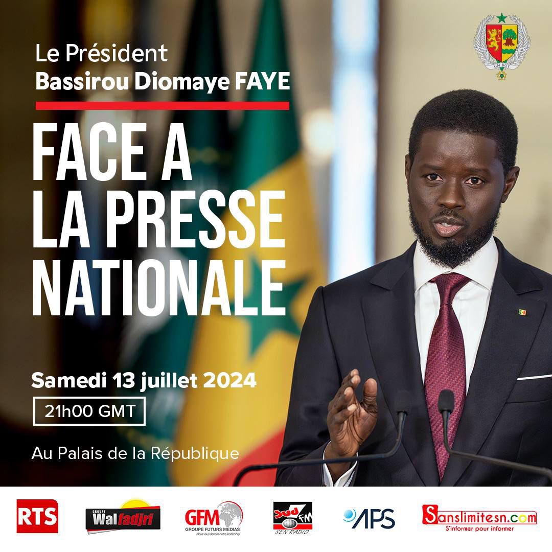 diakhatefifi's tweet photo. Le Président Bassirou Diomaye Faye face à la presse ce samedi 

Le Président de la République, Bassirou Diomaye Faye, fera face à la presse ce samedi 13 juillet 2024 au palais présidentiel. À l’occasion de ses cent premiers jours au pouvoir, cette rencontre lui permettra de répondre aux questions des journalistes et de communiquer directement avec la population sur l’état de la nation et ses perspectives.

Parmi les sujets attendus, on trouve la bonne gouvernance, la baisse des prix de certains produits de première nécessité, la lutte contre la corruption et les missions d’audit. 
Sources: #PAN #MID.