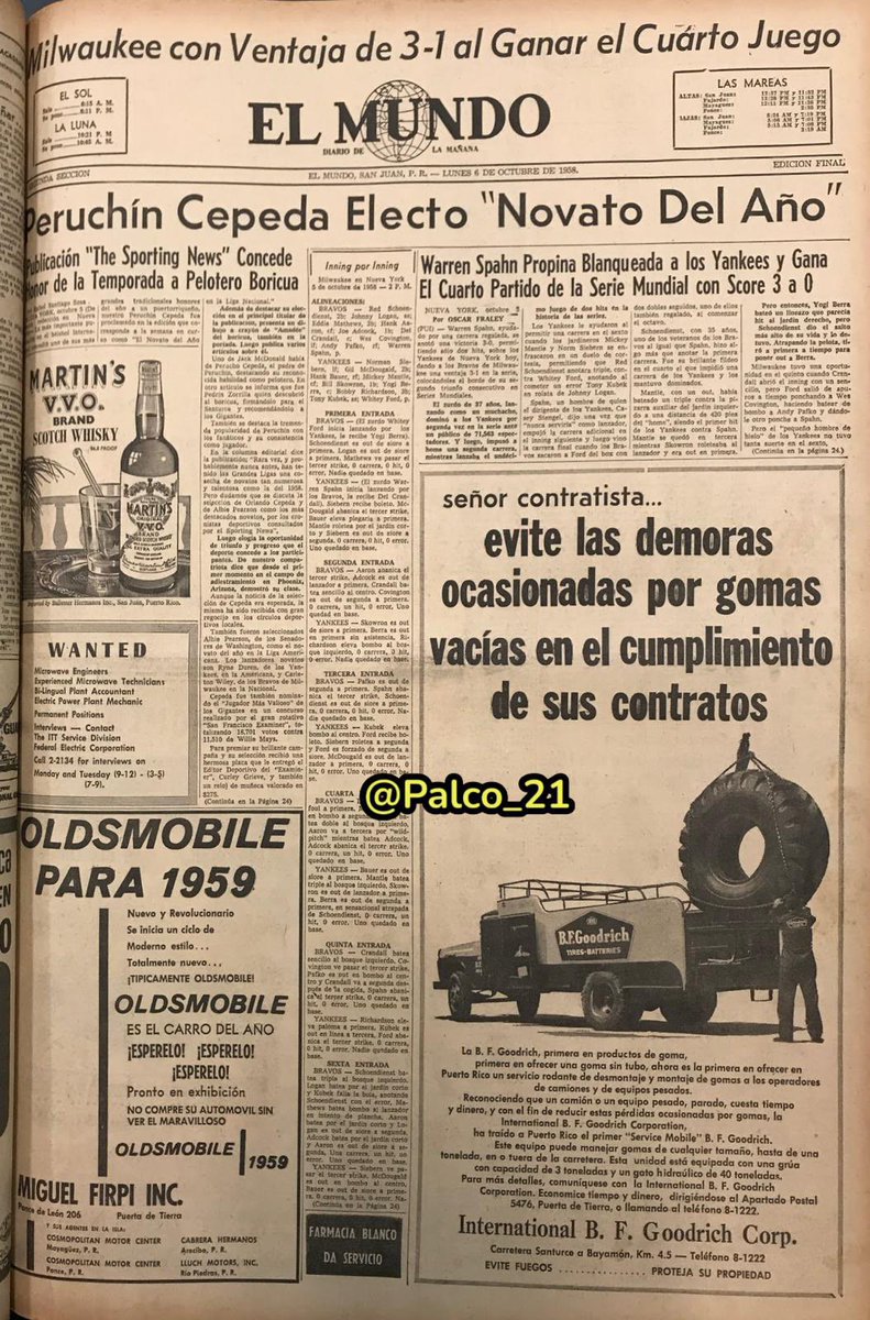 Palco_21's tweet photo. OCTUBRE 1958 … portada Periódico El Mundo San Juan Puerto Rico 🇵🇷 Recodando a #OrlandoCepeda #Peruchin “Novato DelAño” 🇵🇷👇🏽 https://t.co/9LVQtrhTAG