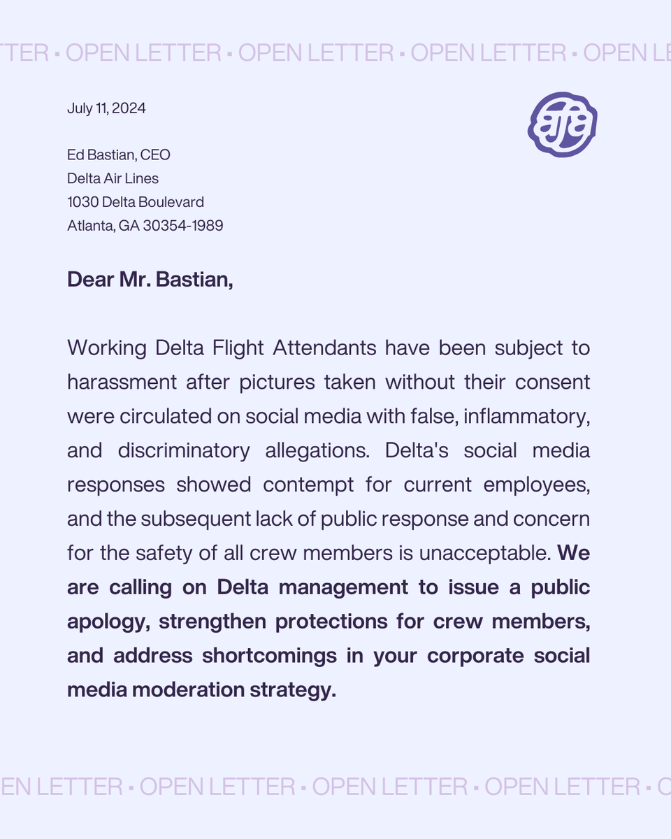 DeltaAFA's tweet photo. The Delta AFA Steering Committee sent the following open letter to our leadership team, demanding decisive and public action in support of Delta Flight Attendants. 
1/2 https://t.co/ezYuNRybIj