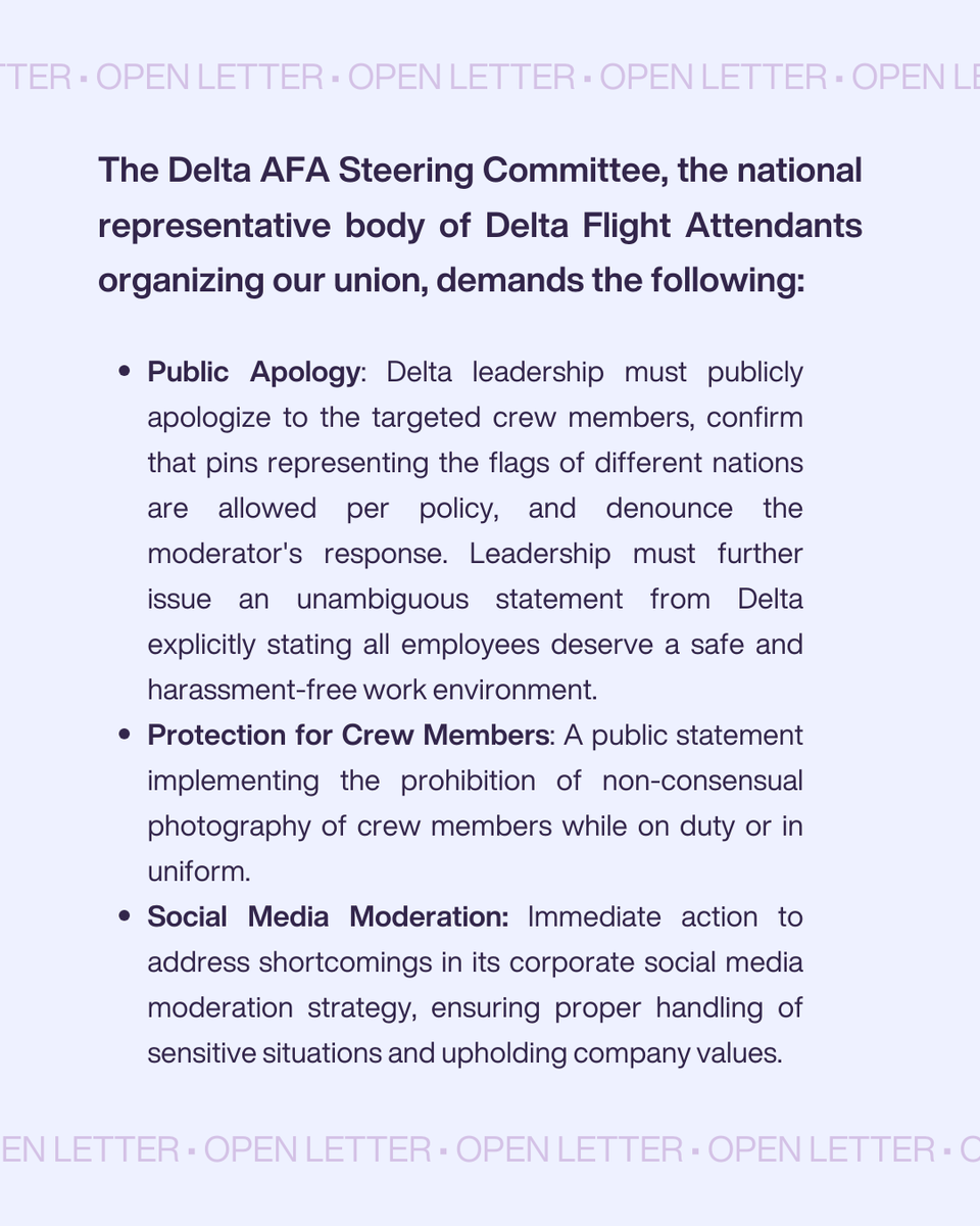 DeltaAFA's tweet photo. The Delta AFA Steering Committee sent the following open letter to our leadership team, demanding decisive and public action in support of Delta Flight Attendants. 
1/2 https://t.co/ezYuNRybIj