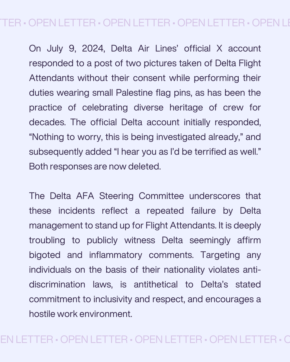 DeltaAFA's tweet photo. The Delta AFA Steering Committee sent the following open letter to our leadership team, demanding decisive and public action in support of Delta Flight Attendants. 
1/2 https://t.co/ezYuNRybIj