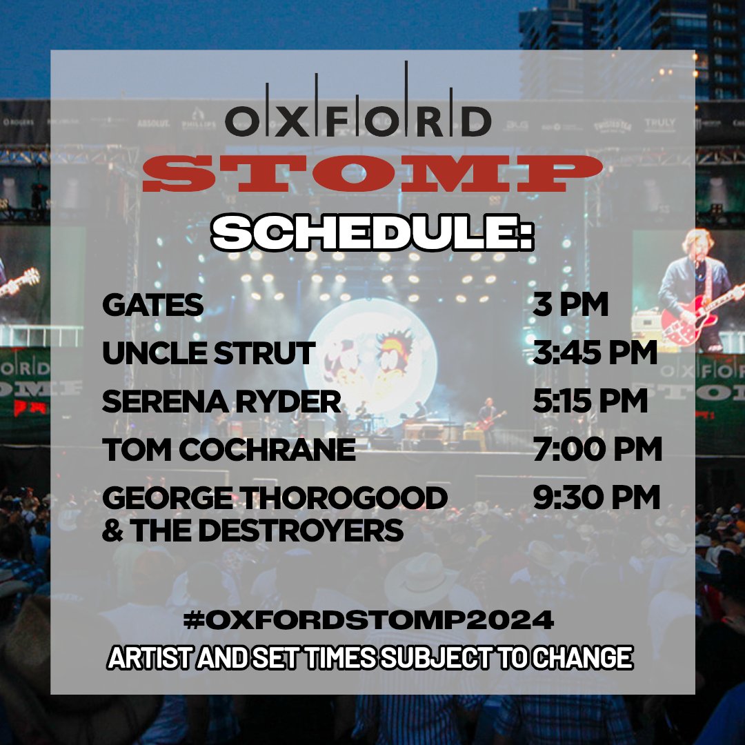 We are just 1 day away from STOMPING in the park!

<a href="/thorogoodmusic/">Thorogood&Destroyers</a>  <a href="/TomCochraneMUS/">Tom Cochrane</a>  <a href="/serenaryder/">Serena Ryder</a>    &amp; <a href="/unclestrut/">Uncle Strut</a>  - Oxford STOMP - July 12th in #Calgary at Prince's Island Park.

🤠Hurry! Limited tickets remain,
👉Tickets: oxfordstomp.com