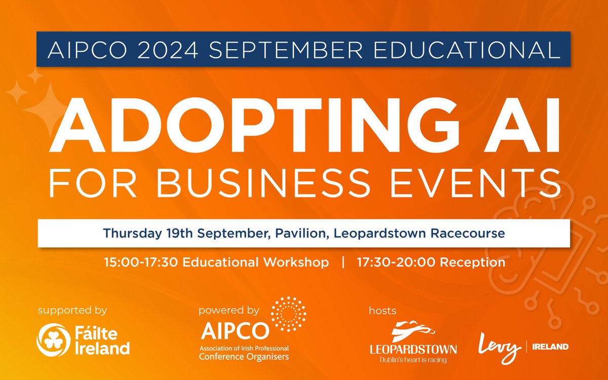 AIPCO (@aipco_ireland) on Twitter photo @AIPCO invite all to attend our Educational, Adopting AI for Business Events.
Announcing our Keynote Speaker Mark Kelly, AI Ireland.
Sep 19, Leopardstown Racecourse from 3pm
Link to Register tiny.cc/x9m3zz
Thanks to <a href="/Failte_Ireland/">Fáilte Ireland</a> & hosts Levy Ireland & <a href="/LeopardstownRC/">Leopardstown RC</a> @AIPCO invite all to attend our Educational, Adopting AI for Business Events.
Announcing our Keynote Speaker Mark Kelly, AI Ireland.
Sep 19, Leopardstown Racecourse from 3pm
Link to Register tiny.cc/x9m3zz
Thanks to <a href="/Failte_Ireland/">Fáilte Ireland</a> & hosts Levy Ireland & <a href="/LeopardstownRC/">Leopardstown RC</a>