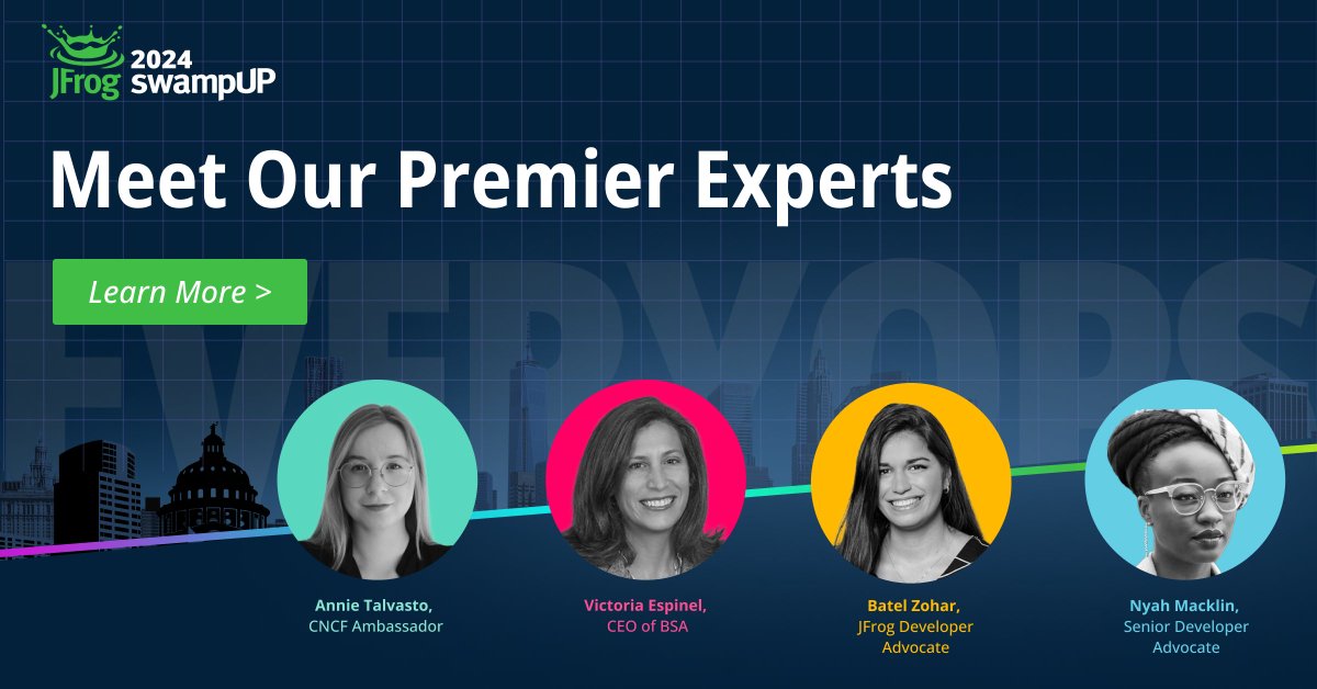 jfrog's tweet photo. At #swampUP 2024, get impactful #DevSecOps insights from our keynote experts:
⭐️ @AnnieTalvasto, CNCF Ambassador
⭐️ @victoriaespinel, CEO of BSA
⭐️ @BatelZohar, JFrog Developer Advocate
⭐️ @NyahMacklinDev, Senior Developer Advocate

Register now: https://t.co/h3VKaZ0LXU https://t.co/4ApALDBCGs