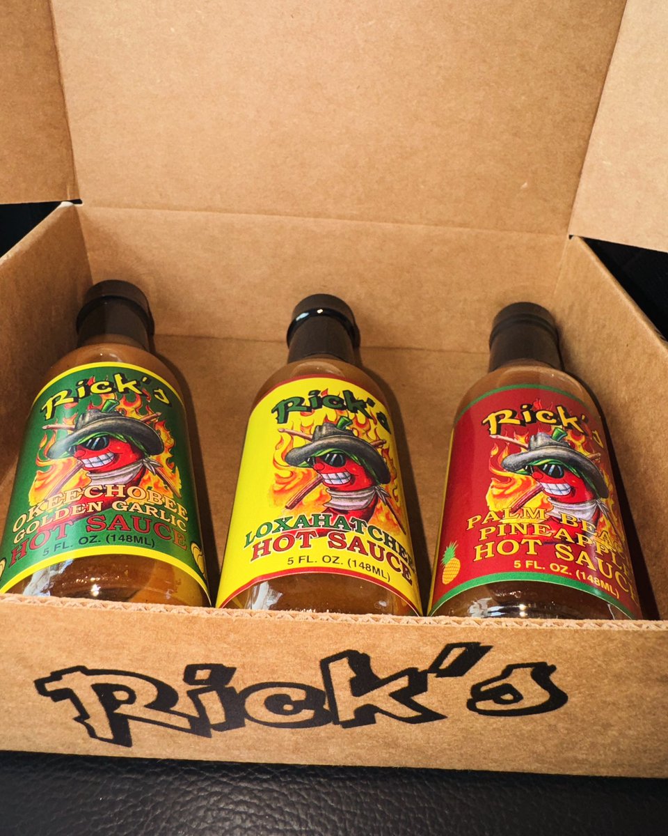 🔥 Rick’s Hot Sauce is on the move! Hand-delivering our three most popular flavors: Loxahatchee Hot, Palm Beach Pineapple, and Okeechobee Garlic, all inside our beautiful custom Rick’s Hot Sauce box. 🌶️🚗 Order now at RicksHotSauce.com. #WeGotTheSauce