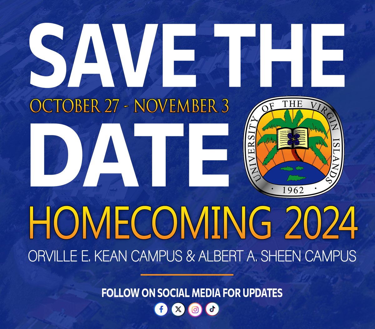 Save the Date! 🎉 Celebrate UVI's Homecoming from Oct 27 - Nov 3 📅 Stay tuned for exciting updates and event details. Let's make this Homecoming unforgettable! #UVIHomecoming 📷
#UVIHomecoming #SaveTheDate #Homecoming2024 #UVI # UVIAlumni
