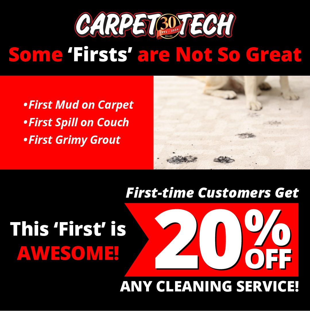 CallCarpetTech's tweet image. Some 'firsts' are not so great, BUT being a first-time customer of Carpet Tech is AWESOME because you get 20% off any cleaning service! 🤩

Book your first appointment today ⬇️
🔗 bit.ly/3PNaLoW

#CallCarpetTech #FirstTimeCustomers #FloorCare #SteamCleaning