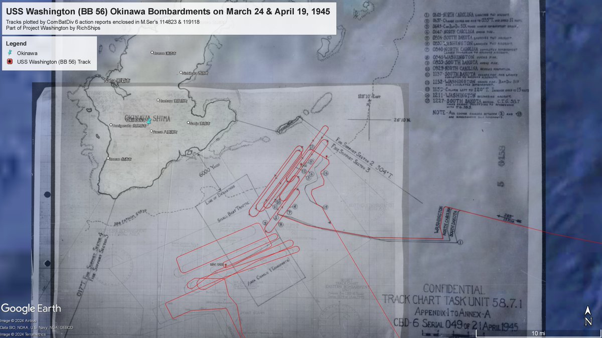 Rich_Ships's tweet photo. USS Washington (BB 56) Okinawa Bombardments on March 24 & April 19, 1945
Course now matches the exact tracks from her action reports
These 2 come from ComBatDiv 6 (RADM Cooley) aboard #BB56 at the time. VADM Lee was ComBatRon 2 in USS South Dakota (BB 57)
At sea for 80 days during this period
USS North Carolina (BB 55) was also in CBD6 for both Okinawa bombardments
Load in 4K
#USSNorthCarolina #BB55 #USSWashington