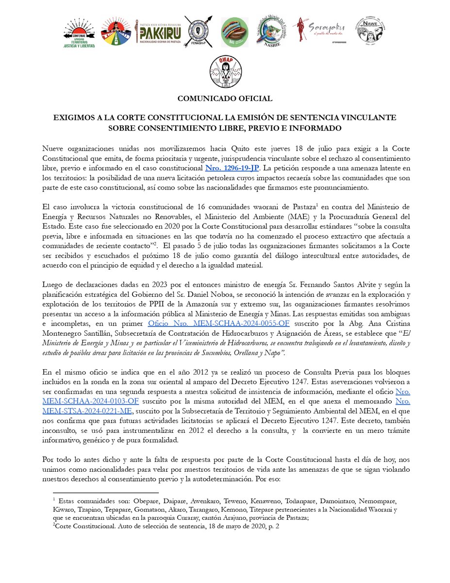 WaoResistencia's tweet photo. 📢 Comunicado Oficial
Exigimos a la @CorteConstEcu la emisión de sentencia vinculante sobre consentimiento libre, previo e informado #CLPI.
Organizaciones indígenas de la #Amazonía ecuatoriana junto a @CONAIE_Ecuador hemos solicitado ser escuchados este 18 de julio en #Quito.
👇 https://t.co/2bbPSUT3en