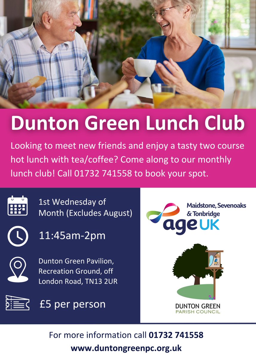 ageukmst's tweet image. Join us at our Dunton Green Lunch Club...

Meet new friends and enjoy a tasty two course hot lunch for just £5 per person.

Please call 01732 741558 to book your place at our next club.