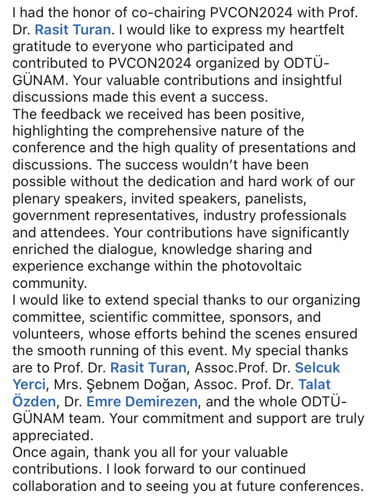 serap_guenes's tweet image. I had the honor of co-chairing PVCON2024 with Prof. Dr. Rasit Turan. I would like to express my heartfelt gratitude to everyone who participated and contributed to PVCON2024 organized by ODTÜ-GÜNAM. Your valuable contributions and insightful discussions made this event a success.