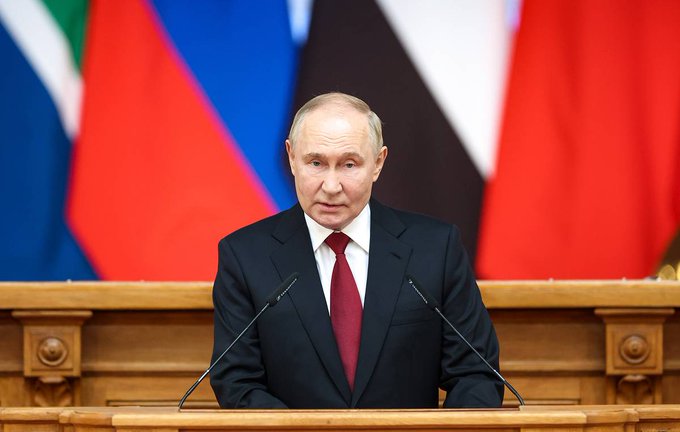 Russian President Vladimir Putin speaks during the plenary session of the 10th BRICS Parliamentary Forum, Tauride Palace, St Petersburg, July 11, 2024.