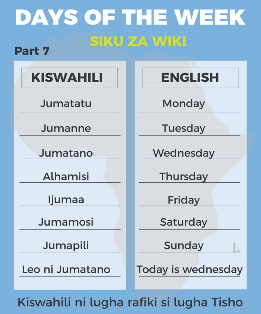 Today in our Kiswahili Hour, Days of the week. Learn along.