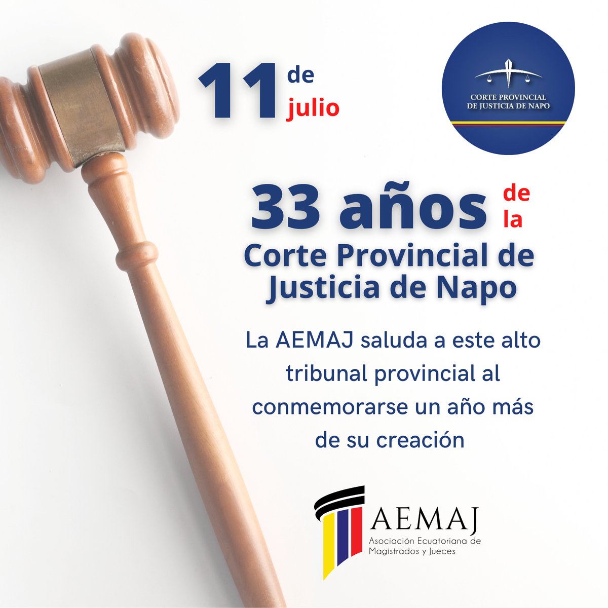 📆Hoy #11deJulio se conmemoran 33 años de vida institucional de la <a href="/CorteNapo/">Corte Provincial de Justicia de Napo</a>. 

La #AEMAJ saluda a este alto tribunal provincial al conmemorarse un año más de su creación.