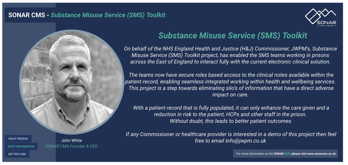 Prison Healthcare - Substance Misuse Service (SMS) Toolkit Project

Learn more about the SMS Toolkit project on our website: sonarcms.co.uk/blog 

#NHSEngland #Substancemisuseservice #prisonhealthcare  #healthandjustice  #Phoenixfutures #sharedcarerecord #recovery #data