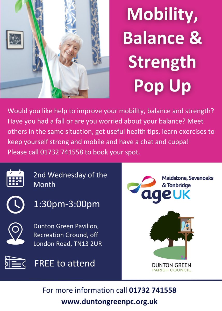 ageukmst's tweet image. Improve your mobility, balance and strength with our pop up taking place on the 2nd Wed of each month, from 1:30pm-3pm at Dunton Green Pavillion.

FREE to attend - just call 01732 741558 to book your place!